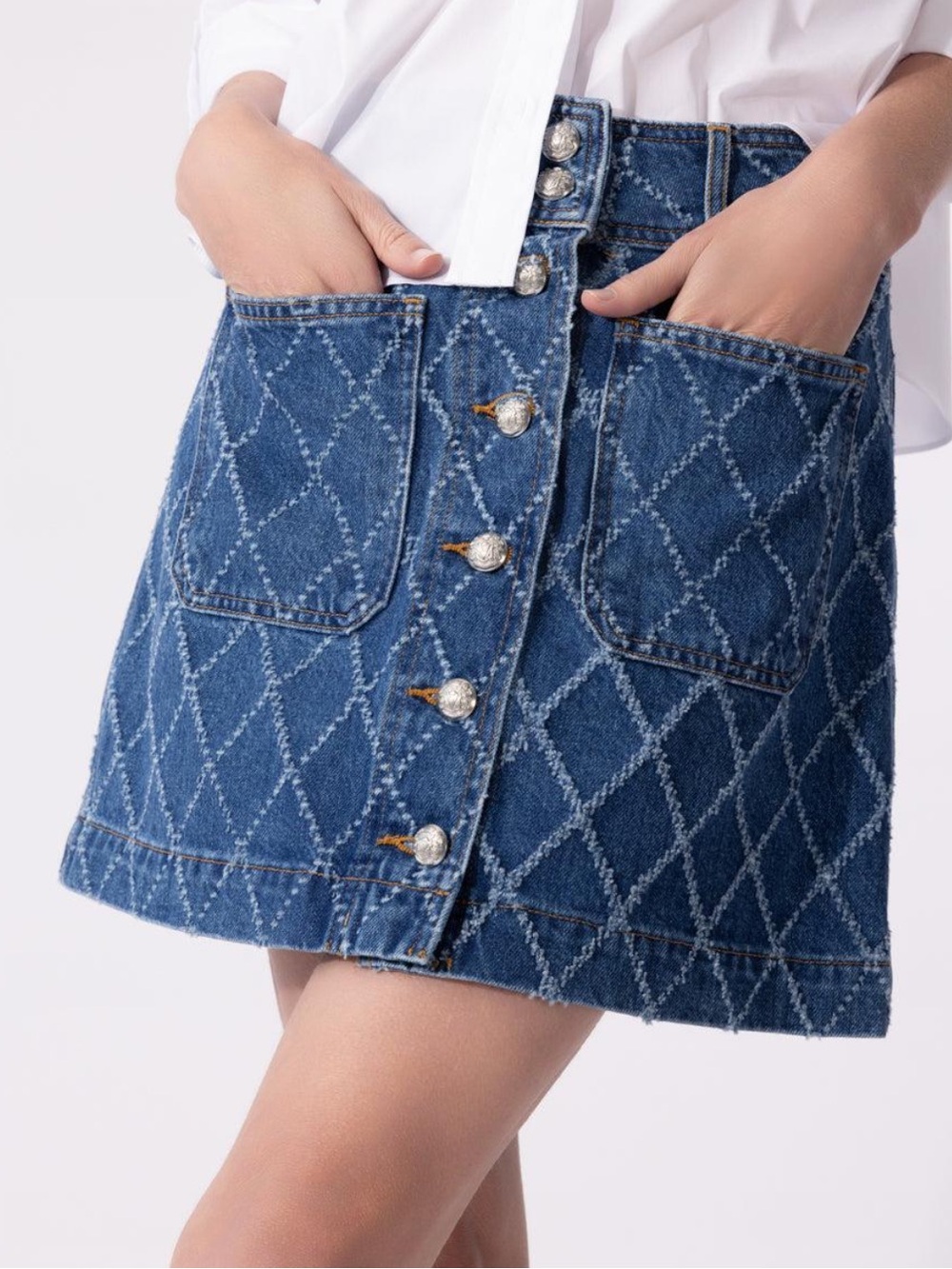 Veronica Beard “Moxie” Quilted Diamond-Pattern Button-Front Denim Mini Skirt
